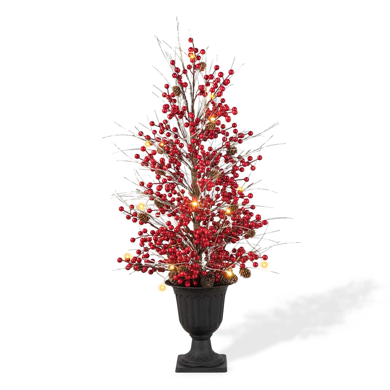 3ft. Pre-Lit Berry & Pinecone Artificial Urn Christmas Porch Tree, Warm White LED Lights
